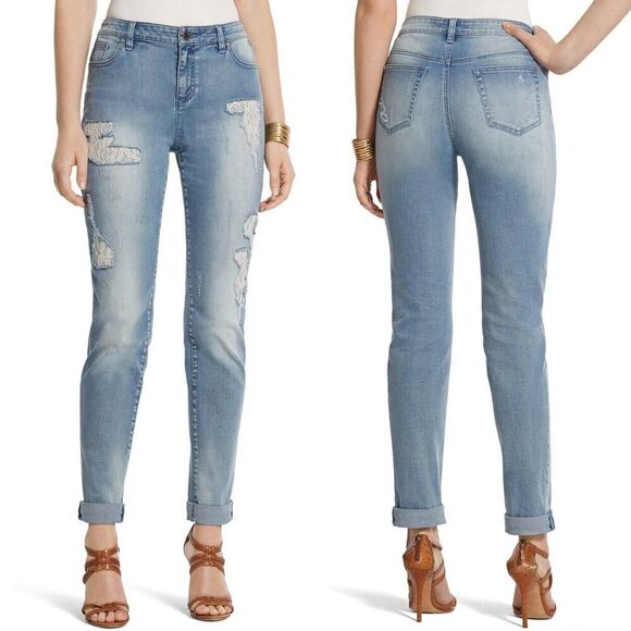 Chico's Black Label Ankle Jeans Size 1 (8) Distressed Lace - Picture 1 of 16